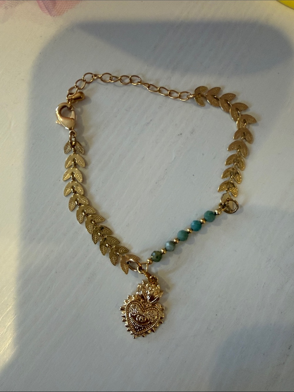 Gold Leaf Chain Bracelet with Turquoise Beads and Sacred Heart Charm